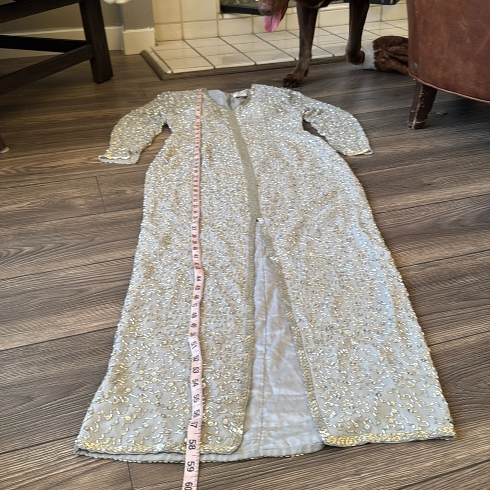 Elegant beaded silk gown size 8 silver / grey long sleeve vintage flawless - Picture 13 of 16